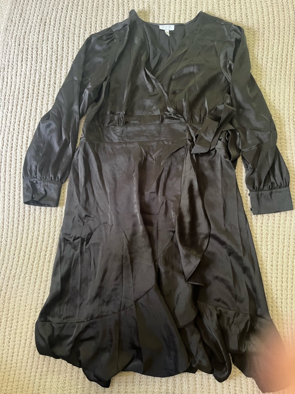 sofia by sofia vergara Black Satin Wrap Midi Dress